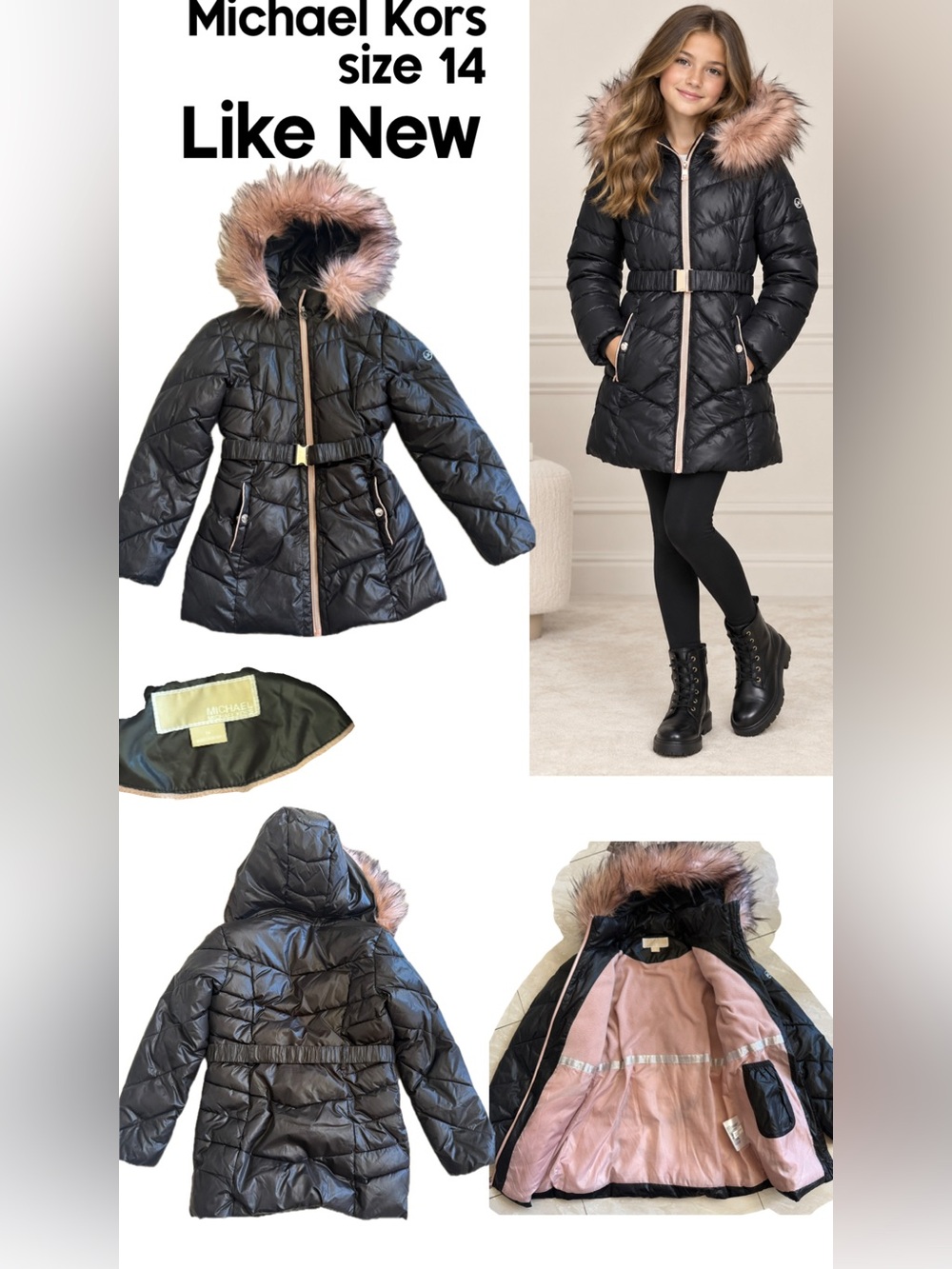 Michael Kors Black Quilted Puffer Coat with Pink Faux-Fur Trim